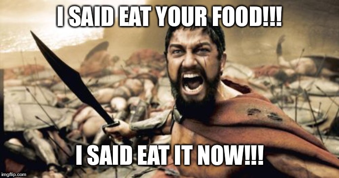 Sparta Leonidas Meme | I SAID EAT YOUR FOOD!!! I SAID EAT IT NOW!!! | image tagged in memes,sparta leonidas | made w/ Imgflip meme maker