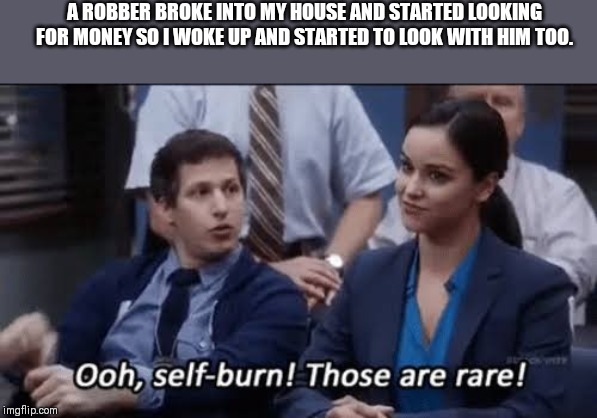 Ooh, self-burn! Those are rare! | A ROBBER BROKE INTO MY HOUSE AND STARTED LOOKING FOR MONEY SO I WOKE UP AND STARTED TO LOOK WITH HIM TOO. | image tagged in ooh self-burn those are rare | made w/ Imgflip meme maker