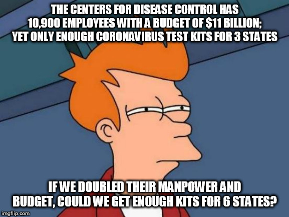 Futurama Fry Meme | THE CENTERS FOR DISEASE CONTROL HAS 10,900 EMPLOYEES WITH A BUDGET OF $11 BILLION; YET ONLY ENOUGH CORONAVIRUS TEST KITS FOR 3 STATES; IF WE DOUBLED THEIR MANPOWER AND BUDGET, COULD WE GET ENOUGH KITS FOR 6 STATES? | image tagged in memes,futurama fry | made w/ Imgflip meme maker