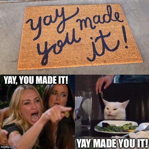 YAY, YOU MADE IT! YAY MADE YOU IT! | image tagged in memes,funny memes,woman yelling at cat | made w/ Imgflip meme maker