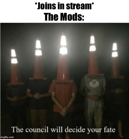 *Joins in stream*; The Mods: | image tagged in the council will decide your fate,ice age baby sucks | made w/ Imgflip meme maker