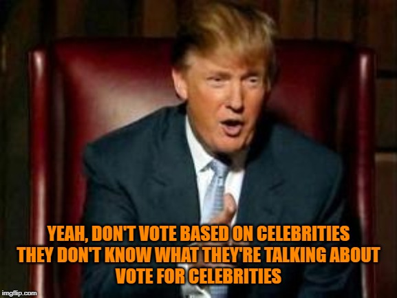 Donald Trump | YEAH, DON'T VOTE BASED ON CELEBRITIES
THEY DON'T KNOW WHAT THEY'RE TALKING ABOUT
VOTE FOR CELEBRITIES | image tagged in donald trump | made w/ Imgflip meme maker