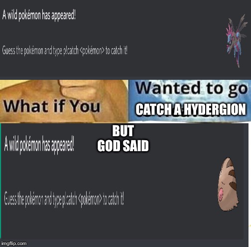 Pokecord meme | CATCH A HYDERGION; BUT GOD SAID | image tagged in here a tag | made w/ Imgflip meme maker