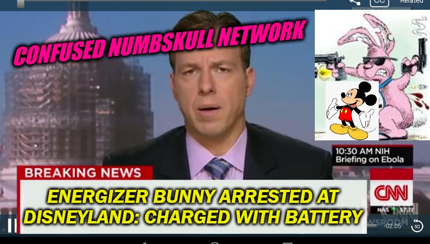 Bad Bad Bunny | CONFUSED NUMBSKULL NETWORK; ENERGIZER BUNNY ARRESTED AT
DISNEYLAND: CHARGED WITH BATTERY | image tagged in cnn breaking news template,energizer bunny,mickey mouse,cnn sucks | made w/ Imgflip meme maker