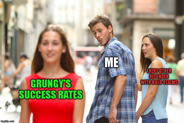 Distracted Boyfriend Meme | ME; EVERY OTHER REFUNDER WITH BOLD CLAIMS; GRUNGY'S SUCCESS RATES | image tagged in memes,distracted boyfriend | made w/ Imgflip meme maker