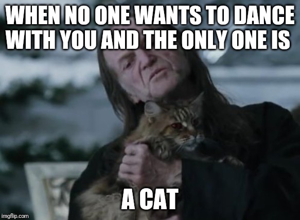 Mr Filch and Mrs. Norris the cat (at a dance) | WHEN NO ONE WANTS TO DANCE WITH YOU AND THE ONLY ONE IS; A CAT | image tagged in mr filch and mrs norris the cat at a dance | made w/ Imgflip meme maker