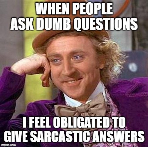 Creepy Condescending Wonka Meme | WHEN PEOPLE ASK DUMB QUESTIONS; I FEEL OBLIGATED TO GIVE SARCASTIC ANSWERS | image tagged in memes,creepy condescending wonka | made w/ Imgflip meme maker