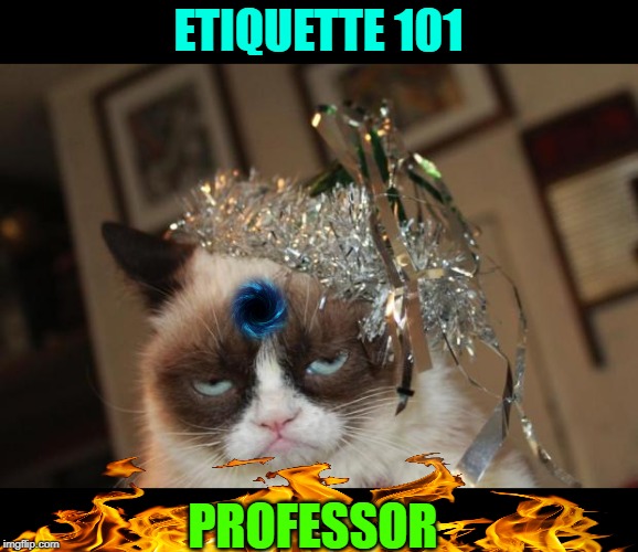 Grumpy Cat New Years | ETIQUETTE 101; PROFESSOR | image tagged in grumpy cat new years | made w/ Imgflip meme maker