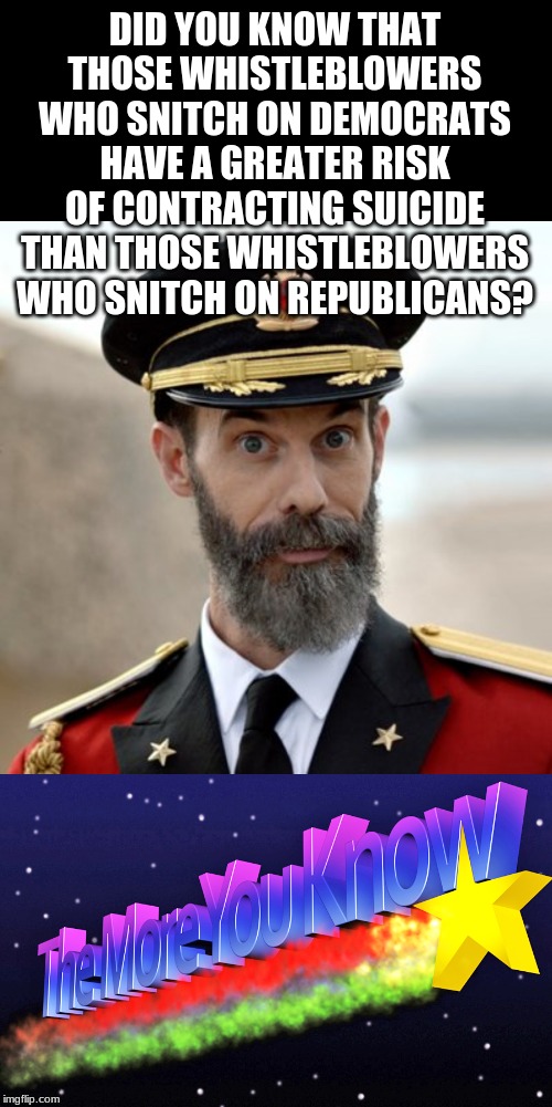 Surgeon General's Warning: | DID YOU KNOW THAT THOSE WHISTLEBLOWERS WHO SNITCH ON DEMOCRATS HAVE A GREATER RISK OF CONTRACTING SUICIDE THAN THOSE WHISTLEBLOWERS WHO SNITCH ON REPUBLICANS? | image tagged in whistleblowers,suicide,politics,political | made w/ Imgflip meme maker