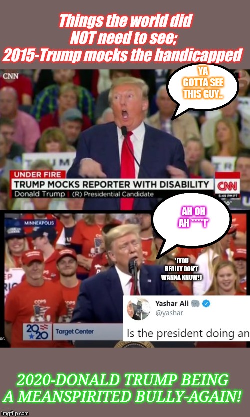 Things the world did NOT need to see;
2015-Trump mocks the handicapped 2020-DONALD TRUMP BEING A MEANSPIRITED BULLY-AGAIN! YA GOTTA SEE THIS | made w/ Imgflip meme maker