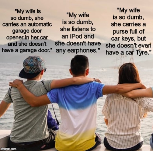 Three guys | "My wife is so dumb, she listens to an iPod and she doesn't have any earphones."; "My wife is so dumb, she carries a purse full of car keys, but she doesn't even have a car Tyre."; "My wife is so dumb, she carries an automatic garage door opener in her car and she doesn't have a garage door." | image tagged in funny | made w/ Imgflip meme maker