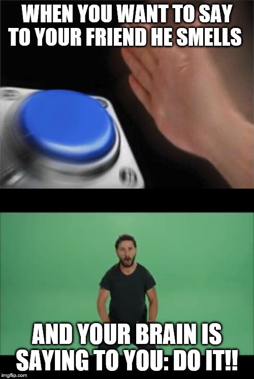 WHEN YOU WANT TO SAY TO YOUR FRIEND HE SMELLS; AND YOUR BRAIN IS SAYING TO YOU: DO IT!! | image tagged in memes,blank nut button | made w/ Imgflip meme maker