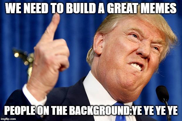 Donald Trump | WE NEED TO BUILD A GREAT MEMES; PEOPLE ON THE BACKGROUND:YE YE YE YE | image tagged in donald trump | made w/ Imgflip meme maker