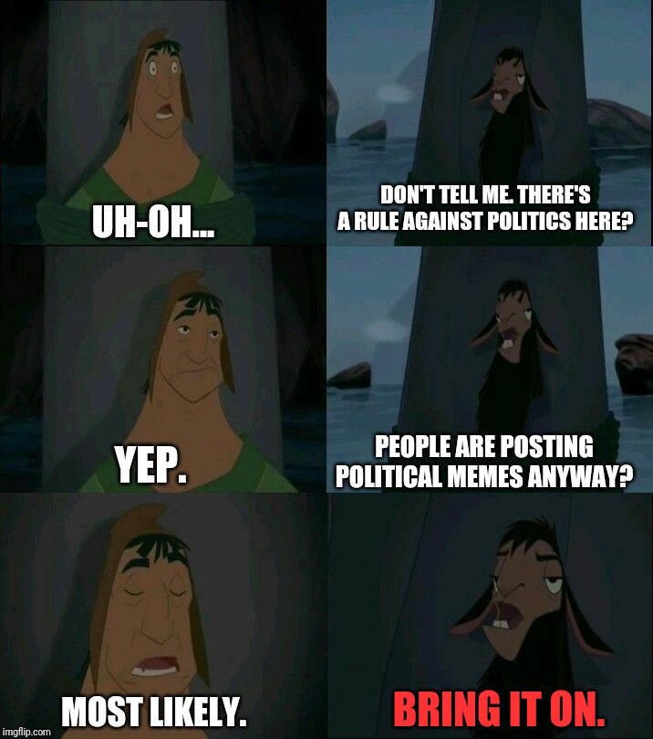 Emperor's New Groove Waterfall  | DON'T TELL ME. THERE'S A RULE AGAINST POLITICS HERE? UH-OH... PEOPLE ARE POSTING POLITICAL MEMES ANYWAY? YEP. BRING IT ON. MOST LIKELY. | image tagged in emperor's new groove waterfall | made w/ Imgflip meme maker