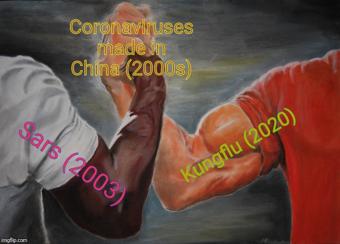 Epic Handshake | Coronaviruses made in China (2000s); Kungflu (2020); Sars (2003) | image tagged in memes,epic handshake | made w/ Imgflip meme maker