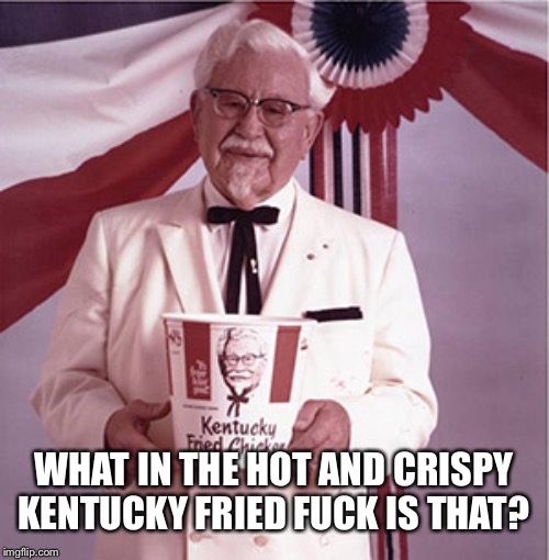 KFC Colonel Sanders | WHAT IN THE HOT AND CRISPY KENTUCKY FRIED F**K IS THAT? | image tagged in kfc colonel sanders | made w/ Imgflip meme maker