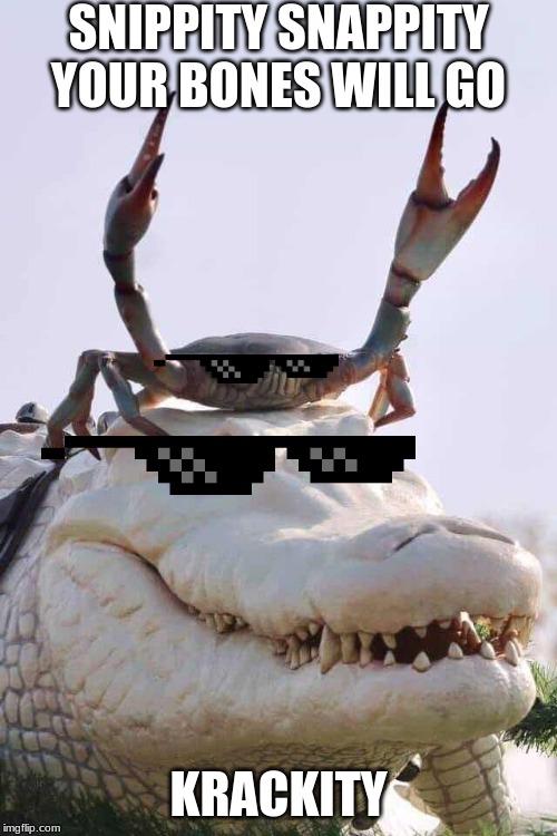Newb Crab carried by Pro Gator | SNIPPITY SNAPPITY YOUR BONES WILL GO; KRACKITY | image tagged in newb crab carried by pro gator | made w/ Imgflip meme maker