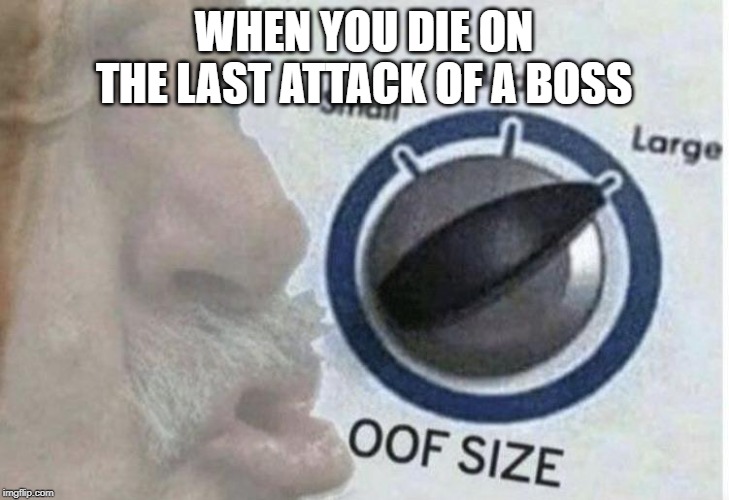 relatable moment | WHEN YOU DIE ON THE LAST ATTACK OF A BOSS | image tagged in oof size large | made w/ Imgflip meme maker