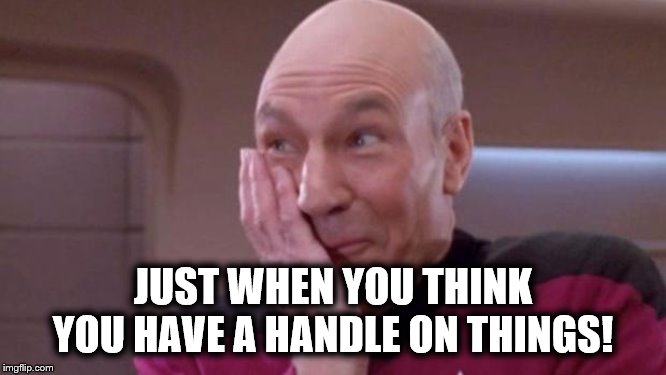 picard oops | JUST WHEN YOU THINK YOU HAVE A HANDLE ON THINGS! | image tagged in picard oops | made w/ Imgflip meme maker