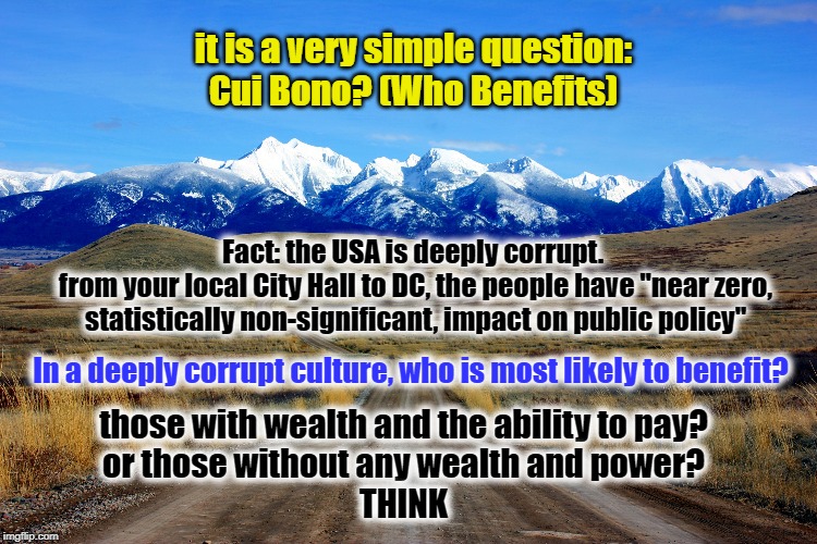 Cui Bono | it is a very simple question:

Cui Bono? (Who Benefits); Fact: the USA is deeply corrupt. 
from your local City Hall to DC, the people have "near zero, statistically non-significant, impact on public policy"; In a deeply corrupt culture, who is most likely to benefit? those with wealth and the ability to pay?

or those without any wealth and power?

THINK | image tagged in mission mtns,corruption,logic,think | made w/ Imgflip meme maker