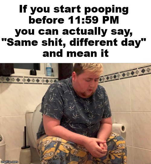 Saying that can be true | If you start pooping 
before 11:59 PM 
you can actually say, 
"Same shit, different day" 
and mean it | image tagged in pooping | made w/ Imgflip meme maker
