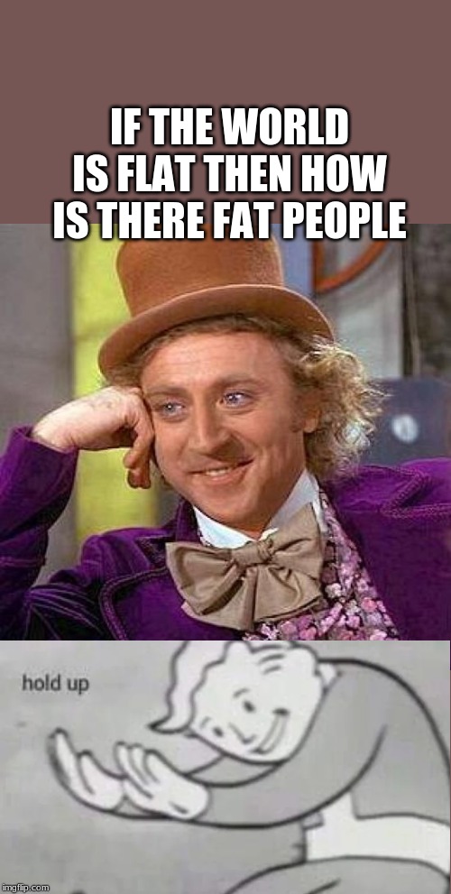 Creepy Condescending Wonka Meme | IF THE WORLD IS FLAT THEN HOW IS THERE FAT PEOPLE | image tagged in memes,creepy condescending wonka | made w/ Imgflip meme maker