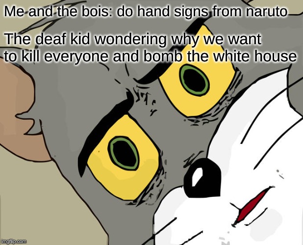 Unsettled Tom | Me and the bois: do hand signs from naruto; The deaf kid wondering why we want to kill everyone and bomb the white house | image tagged in memes,unsettled tom | made w/ Imgflip meme maker