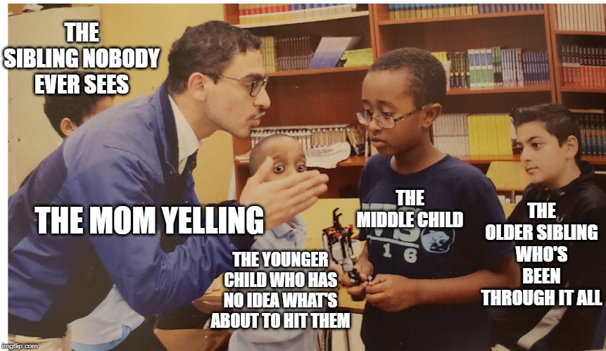 THE SIBLING NOBODY EVER SEES; THE OLDER SIBLING WHO'S BEEN THROUGH IT ALL; THE MIDDLE CHILD; THE MOM YELLING; THE YOUNGER CHILD WHO HAS NO IDEA WHAT'S ABOUT TO HIT THEM | image tagged in funny,humor,parent,parenting,memes,funny memes | made w/ Imgflip meme maker