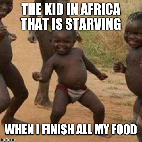 Third World Success Kid Meme | THE KID IN AFRICA THAT IS STARVING; WHEN I FINISH ALL MY FOOD | image tagged in memes,third world success kid | made w/ Imgflip meme maker