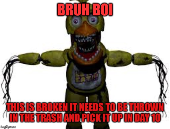 I can’t tell if it’s funny or not funny or make no sense | BRUH BOI; THIS IS BROKEN IT NEEDS TO BE THROWN IN THE TRASH AND PICK IT UP IN DAY 10 | image tagged in fun | made w/ Imgflip meme maker