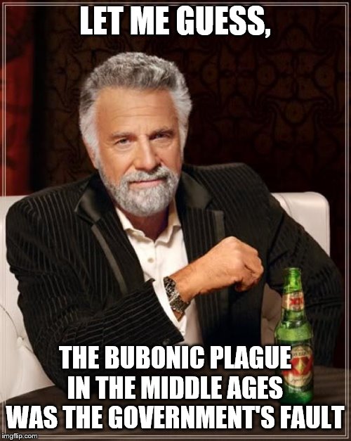 The Most Interesting Man In The World Meme | LET ME GUESS, THE BUBONIC PLAGUE IN THE MIDDLE AGES WAS THE GOVERNMENT'S FAULT | image tagged in memes,the most interesting man in the world | made w/ Imgflip meme maker