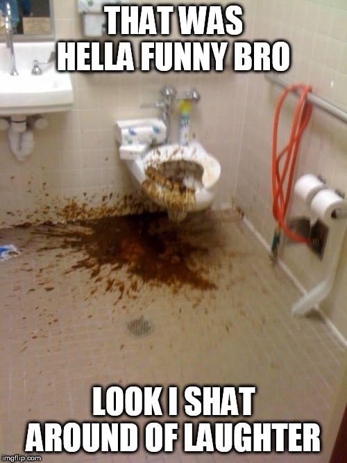 lol |  THAT WAS HELLA FUNNY BRO; LOOK I SHAT AROUND OF LAUGHTER | image tagged in girls poop too,diarrhea,constipation | made w/ Imgflip meme maker