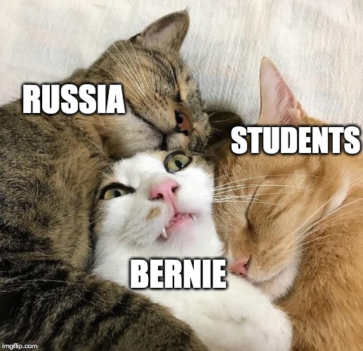 Oh the irony. Russia has been trying to intervene in the Democratic primaries to aid Senator Bernie Sanders. | RUSSIA; STUDENTS; BERNIE | image tagged in cat map,bernie sanders,communism socialism | made w/ Imgflip meme maker