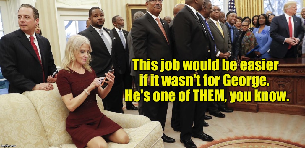 kellyanne conway couch | This job would be easier 
if it wasn't for George.  
He's one of THEM, you know. | image tagged in kellyanne conway couch | made w/ Imgflip meme maker