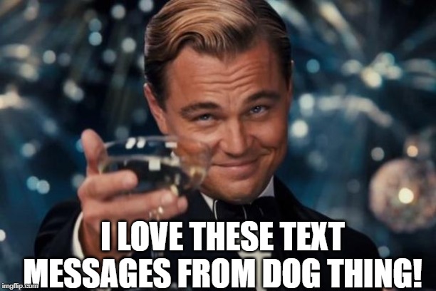 Leonardo Dicaprio Cheers Meme | I LOVE THESE TEXT MESSAGES FROM DOG THING! | image tagged in memes,leonardo dicaprio cheers | made w/ Imgflip meme maker