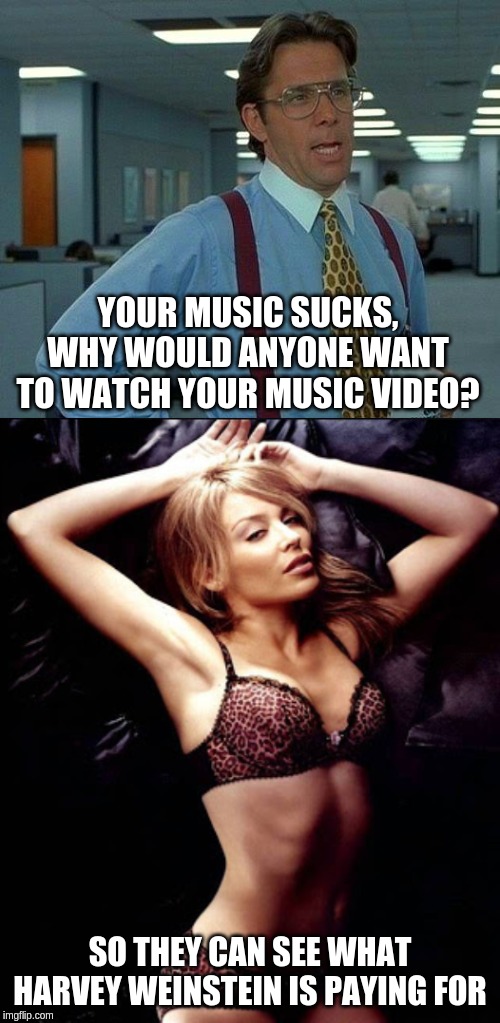 YOUR MUSIC SUCKS, WHY WOULD ANYONE WANT TO WATCH YOUR MUSIC VIDEO? SO THEY CAN SEE WHAT HARVEY WEINSTEIN IS PAYING FOR | image tagged in memes,that would be great | made w/ Imgflip meme maker