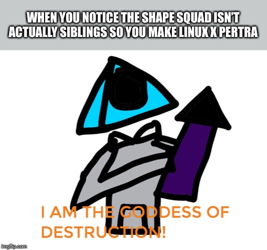  WHEN YOU NOTICE THE SHAPE SQUAD ISN’T ACTUALLY SIBLINGS SO YOU MAKE LINUX X PERTRA | image tagged in i am the goddess of destruction | made w/ Imgflip meme maker