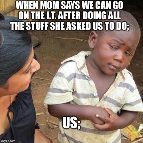 Third World Skeptical Kid Meme | WHEN MOM SAYS WE CAN GO ON THE I.T. AFTER DOING ALL THE STUFF SHE ASKED US TO DO;; US; | image tagged in memes,third world skeptical kid | made w/ Imgflip meme maker