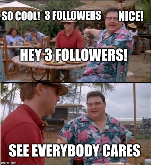 See Nobody Cares | 3 FOLLOWERS; NICE! SO COOL! HEY 3 FOLLOWERS! SEE EVERYBODY CARES | image tagged in memes,see nobody cares | made w/ Imgflip meme maker