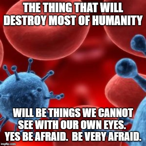 virus  | THE THING THAT WILL DESTROY MOST OF HUMANITY; WILL BE THINGS WE CANNOT SEE WITH OUR OWN EYES.  YES BE AFRAID.  BE VERY AFRAID. | image tagged in virus | made w/ Imgflip meme maker