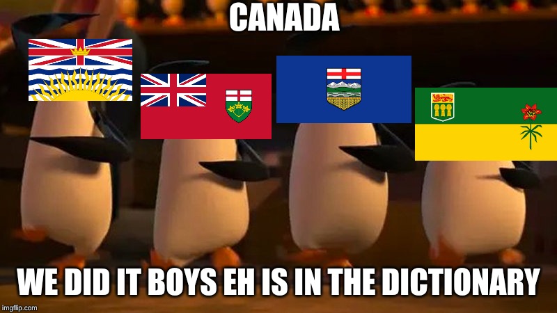 penguins of madagascar | CANADA; WE DID IT BOYS EH IS IN THE DICTIONARY | image tagged in penguins of madagascar | made w/ Imgflip meme maker