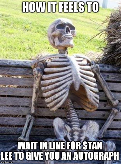 Waiting Skeleton Meme | HOW IT FEELS TO; WAIT IN LINE FOR STAN LEE TO GIVE YOU AN AUTOGRAPH | image tagged in memes,waiting skeleton | made w/ Imgflip meme maker