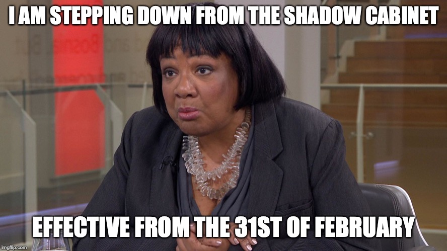 I AM STEPPING DOWN FROM THE SHADOW CABINET; EFFECTIVE FROM THE 31ST OF FEBRUARY | image tagged in politics,diane abbott | made w/ Imgflip meme maker
