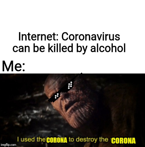 I used the stones to destroy the stones | Internet: Coronavirus can be killed by alcohol; Me:; CORONA; CORONA | image tagged in i used the stones to destroy the stones | made w/ Imgflip meme maker