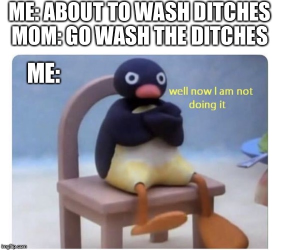well now I am not doing it | ME: ABOUT TO WASH DITCHES
MOM: GO WASH THE DITCHES; ME: | image tagged in well now i am not doing it | made w/ Imgflip meme maker
