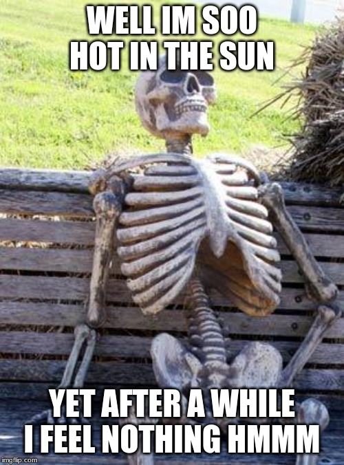 Waiting Skeleton Meme | WELL IM SOO HOT IN THE SUN; YET AFTER A WHILE I FEEL NOTHING HMMM | image tagged in memes,waiting skeleton | made w/ Imgflip meme maker