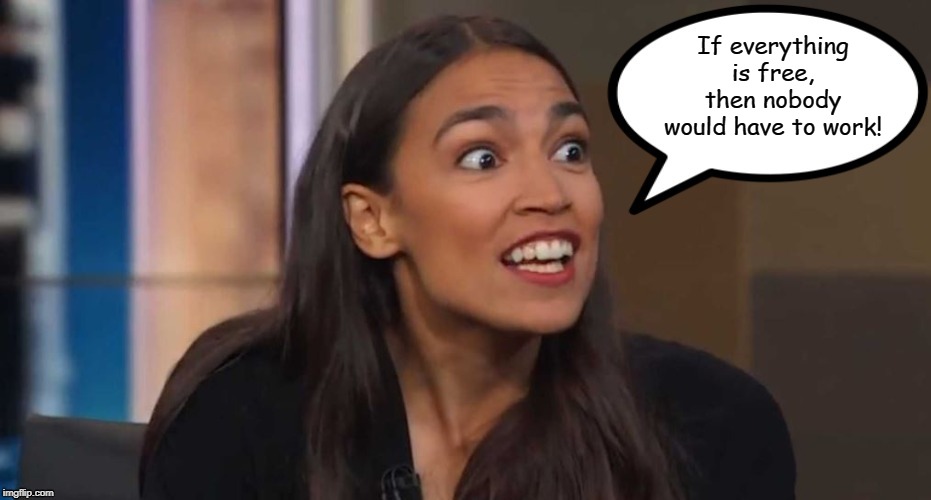 AOC Speak | If everything is free, then nobody would have to work! | image tagged in aoc speak,alexandria ocasio-cortez,aoc dialogue,liberal logic,memes | made w/ Imgflip meme maker