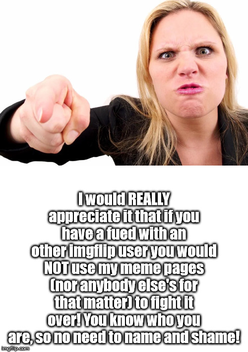 I would REALLY appreciate it that if you have a fued with an other imgflip user you would NOT use my meme pages (nor anybody else's for that matter) to fight it over! You know who you are, so no need to name and shame! | image tagged in blank white template,offended woman | made w/ Imgflip meme maker
