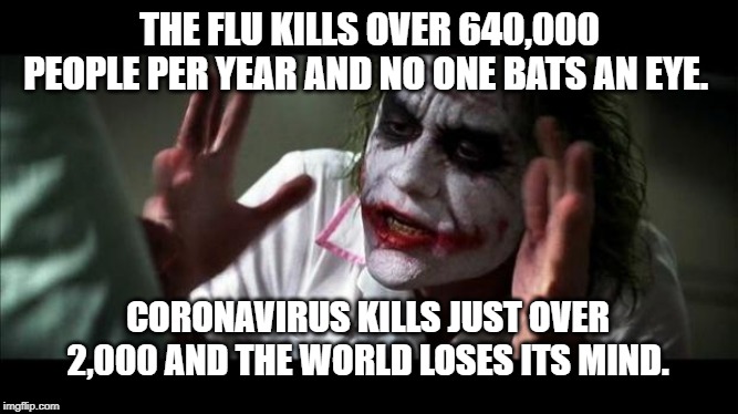 Napier taking things too seriously. | THE FLU KILLS OVER 640,000 PEOPLE PER YEAR AND NO ONE BATS AN EYE. CORONAVIRUS KILLS JUST OVER 2,000 AND THE WORLD LOSES ITS MIND. | image tagged in joker mind loss,flu,coronavirus,sick,breaking news,crazy | made w/ Imgflip meme maker