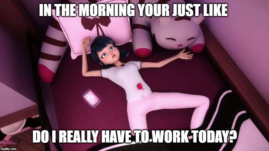 Miraculous Ladybug Marinette In bed | IN THE MORNING YOUR JUST LIKE; DO I REALLY HAVE TO WORK TODAY? | image tagged in miraculous ladybug marinette in bed | made w/ Imgflip meme maker